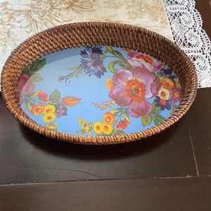 Vintage small oval rattan blue floral tray